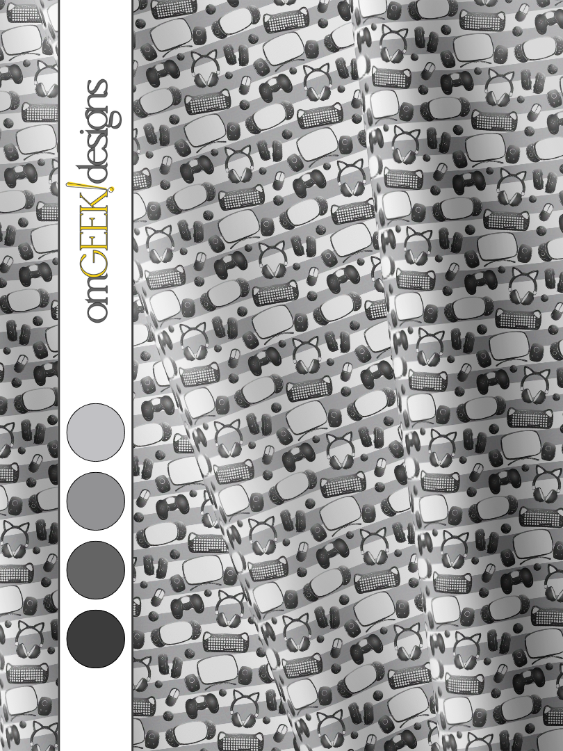 Geeky Gamer Essentials Fabric on a Grey and White Horizontal Striped Background