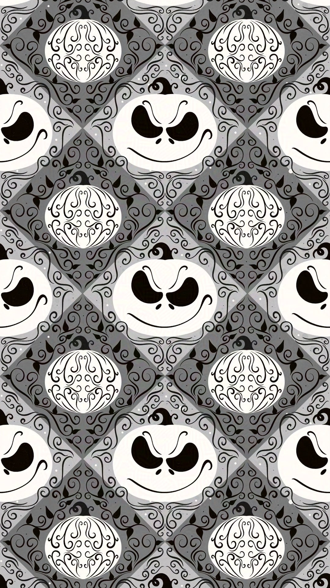 grey jack skellington inspired pumpkins on an elegant swirly diamond background