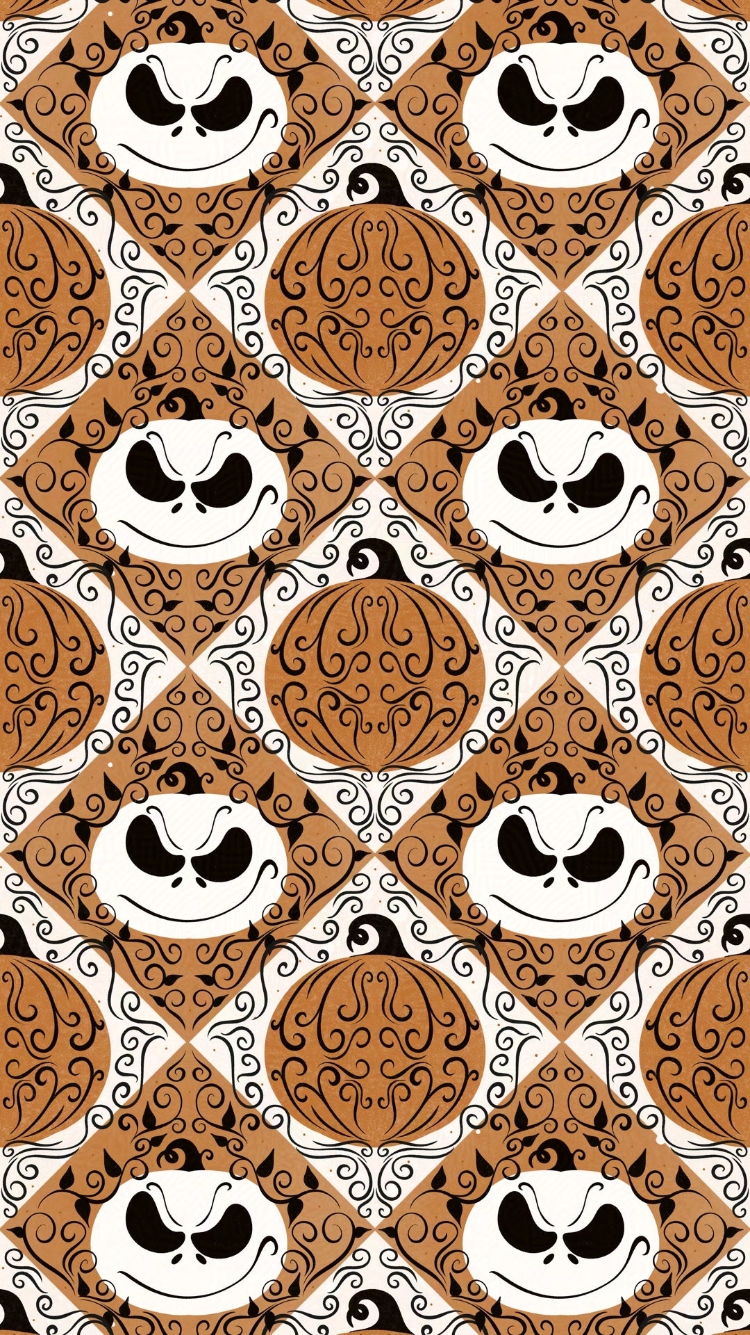 orange jack skellington inspired pumpkins on an elegant swirly diamond background